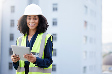 Image showing Tablet, engineering and portrait of woman outdoor for construction, development or plan. African engineer person and technology for project management, city maintenance or building inspection space