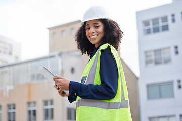 Image showing Tablet, engineering and portrait of a woman outdoor for planning, search or communication for project. African engineer person with technology in a city for construction site, building and inspection