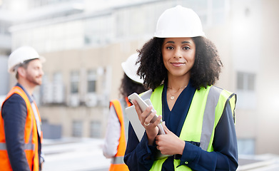 Image showing Engineering, technology and portrait a woman outdoor for planning, building or construction site. African person or engineer with network connection in a city for project management with a team