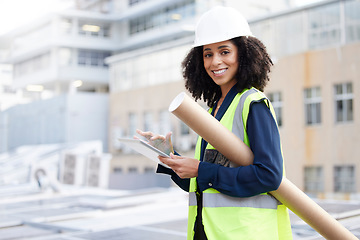 Image showing Engineering, tablet and an architect woman outdoor for planning, search or communication for project. Portrait of engineer person with technology in city for construction, architecture or design app