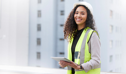 Image showing Engineering, tablet and portrait of a woman outdoor for planning, search or communication. Engineer person with tech in city for building construction, management or maintenance and inspection space