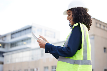 Image showing Engineer woman, tablet and outdoor for planning, search or communication for project management. Black person with technology in a city for construction site, engineering or app for development