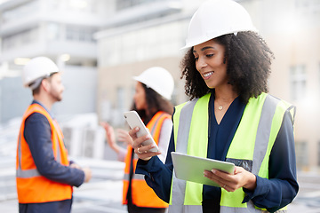 Image showing Engineering, phone and a woman outdoor for planning, search or communication. African engineer person with technology in a city for construction site, project management or app for maintenance team