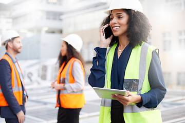 Image showing Phone call, engineering and a woman outdoor talking about planning, development or project management. African engineer person with technology in city for construction site, communication or feedback