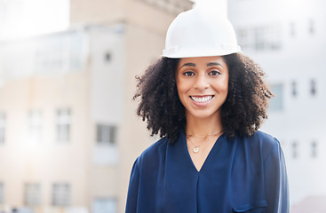 Image showing Architecture, engineering and space with portrait of woman in city for planning, building and industrial. Property, project management and safety with contractor on construction site for mockup