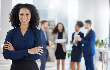 Image showing Crossed arms, leadership and portrait of businesswoman in the office with confidence, smile and team. Career, professional and young female corporate lawyer from Colombia in workplace with colleagues