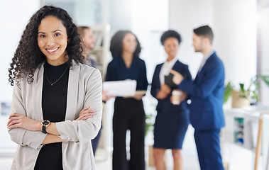 Image showing Smile, crossed arms and portrait of businesswoman in the office with confidence, happiness and collaboration. Career, professional and young female lawyer from Mexico with legal team in the workplace