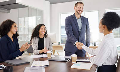 Image showing Handshake, meeting and business people with applause in office for onboarding, collaboration and partnership. Corporate office, team and man and woman shaking hands for agreement, deal and thank you