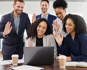 Image showing Business people, laptop and video conference, wave hello and diversity with communication, virtual meeting and team. Collaboration, seminar or training workshop with men and women in office with tech