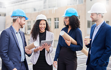 Image showing Architect group, people at construction site and inspection with tablet and blueprint, diversity and happy outdoor. Property development, urban infrastructure and engineering with digital floor plan