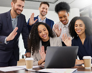 Image showing Business people, laptop and wave in video call for virtual meeting, presentation and global consulting in office. Diversity, group and team greeting hello on computer for webinar, voip and conference