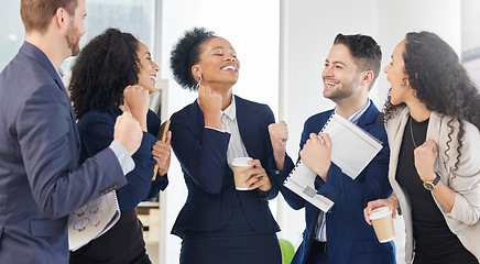 Image showing Success, business people and celebration of teamwork in office for winning bonus, deal and solidarity. Diversity, group and collaboration of happy team to celebrate, achievement and cheers with fist