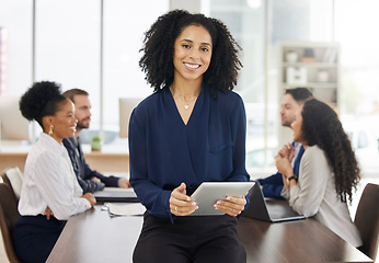 Image showing Business woman, portrait and tablet for planning meeting with team or project management, discussion or marketing strategy. Corporate, employee and work in Brazil in communication or online research