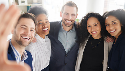 Image showing Group of business people together in selfie with diversity, smile and happy in workplace for company portrait. Photography, proud men and women in office for team building, support and solidarity.