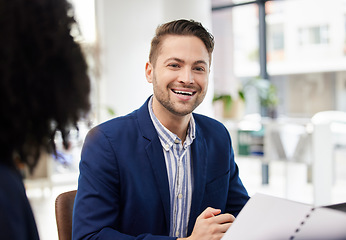 Image showing Happy, meeting and portrait of business man in office smile for teamwork, collaboration and discussion. Corporate office, professional and worker with staff for conversation, planning and feedback