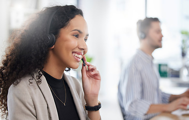 Image showing Customer service, call center and happy consultant or woman speaking online for technical support, advice or help. Employee, talking and consulting person In Brazil working in crm for tech startup