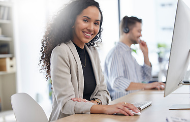 Image showing Portrait, woman and smile at computer in call center for customer service, advisory questions and CRM in coworking agency. Happy consultant working help desk for telecom support, FAQ contact or sales