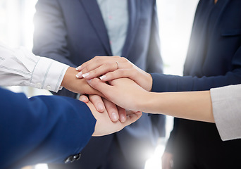 Image showing Hands, stack and business people, meeting and support with solidarity, corporate community and team huddle. Mission, collaboration and partner, commitment and group of employees working together