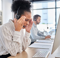 Image showing Call center stress, sad and black woman with a headache from telemarketing and online consulting. Tired, depression and an African customer service agent with a migraine from a technical support fail