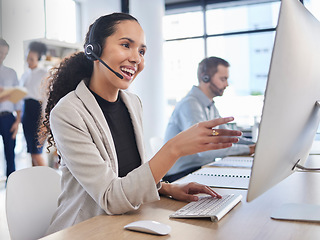 Image showing Customer service, woman and speaking in call center with consultant online for technical support, advice or help. Employee, talking and consulting person In Mexico working in crm for tech startup