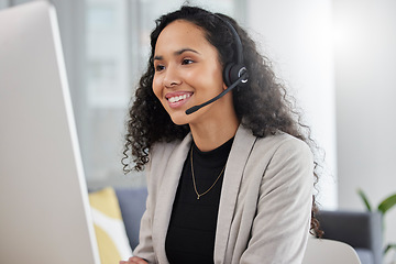 Image showing Customer service, call center and happy consultant or woman speaking online for technical support, advice or help. Employee, talking and consulting person In Brazil working in crm for tech startup