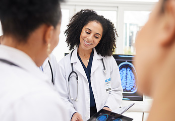 Image showing Happy woman, doctor and tablet with brain scan in neurology, healthcare or meeting in team planning at hospital. Female person or medical professional smile with technology, CT or MRI at the clinic