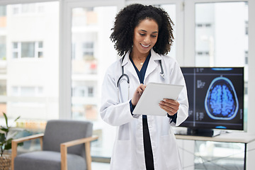 Image showing Neurology, doctor and planning surgery with tablet in office with x ray, results and patient data on tech for expert consultation. Cancer, research and black woman to study the brain or neuroscience