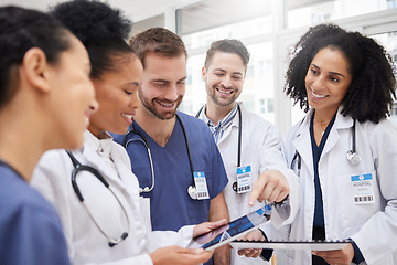 Image showing Doctors, tablet and meeting in team discussion on x ray, MRI or brain scan in surgery planning at hospital. Group of happy medical or healthcare professionals with technology in teamwork at clinic