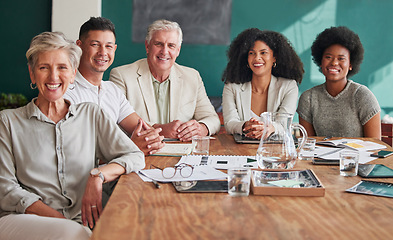 Image showing Business people, portrait and meeting with a corporate team with a smile, pride and professional group. Entrepreneur men and women in office for collaboration, development and strategy or planning