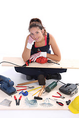 Image showing woman carpenter with work tools 