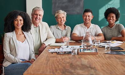 Image showing Meeting, happy and portrait of business people in the office for discussion on a corporate finance project. Smile, diversity and team of accountants working on a financial strategy in collaboration.