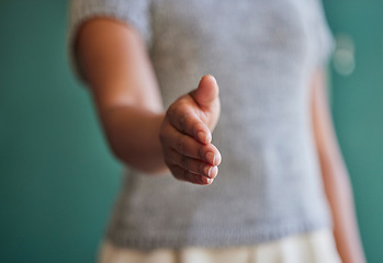 Image showing Business woman, handshake and meeting in hiring, introduction or b2b deal agreement at office. Closeup of female person shaking hands in recruiting, promotion or greeting and thank you at workplace