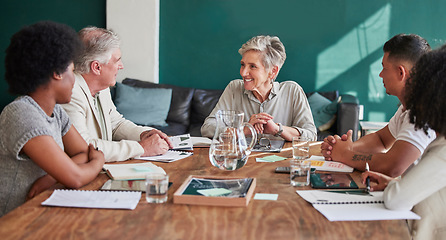 Image showing Business people, talking and a meeting with teamwork, planning and feedback. Corporate men and women group in office for company report, development and strategy with diversity and collaboration