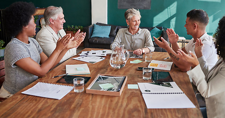 Image showing Business people, applause and celebrate success in a meeting with a smile, pride and teamwork. Corporate men and women group clapping in office for company growth, development and win with diversity