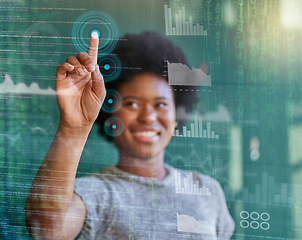 Image showing Happy black woman, hand and HUD in UI, UX or data analytics and statistics on digital overlay. African female person smile or touching dashboard in futuristic innovation or virtual reality technology