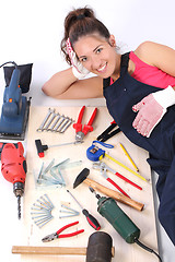 Image showing woman carpenter with work tools 