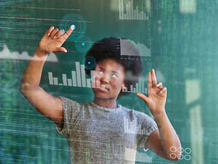 Image showing Hologram, virtual panel or business black woman typing on stock market dashboard, graph or economy analytics. Future data analysis, matrix code digital transformation or African trader trading crypto