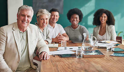 Image showing Business people, portrait and corporate team in a meeting with a smile, pride and professional career. Entrepreneur men and women in an office for growth, career development and strategy or planning