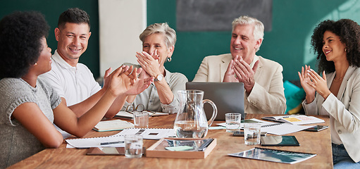 Image showing Applause, business people and celebrate success in a meeting with pride and teamwork. Corporate men and women group clapping in office for growth, achievement and promotion or win with diversity