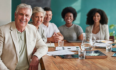 Image showing Business man, portrait and team in a meeting with a smile, pride and professional people. Corporate person in an office for company growth, career development and leadership or strategy planning