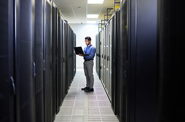 Image showing Server room, laptop or man typing for cybersecurity glitch, machine or to search online for servers system. IT support, data center or engineer fixing network for information technology solution