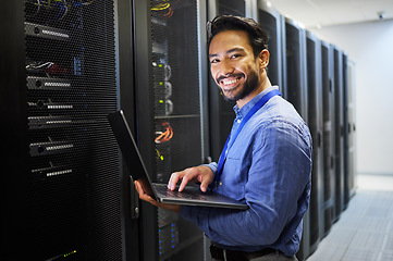 Image showing Man, engineering computer and server room, data center and portrait for system solution, electrician inspection or cybersecurity. IT person on laptop internet upgrade, business network or programming