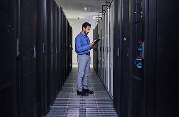 Image showing Tablet, man and engineer in server room, research and programming. Information technology, reading and technician in data center, network on cybersecurity and coding software of system admin typing