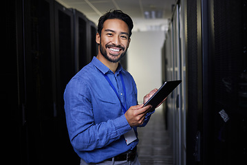 Image showing Tablet, man and portrait in server room of engineer programming at night. Information technology, face and happy Asian technician in data center, networking and coding software of system admin expert