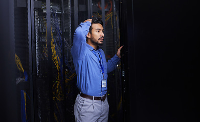 Image showing Server room, mistake or male technician with hardware or cables for cybersecurity glitch or machine problem. Doubt, thinking or confused engineer with error in information technology or IT support