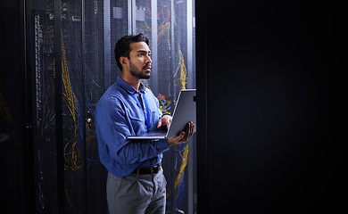 Image showing Man, thinking and laptop for server room inspection, data center solution and coding, engineering and programming. Person on computer, information technology check or electrician with cables at night