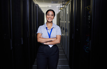 Image showing Data center, portrait or happy woman for online cybersecurity glitch, machine or servers system. IT support, server room or proud female engineer fixing network for information technology solution