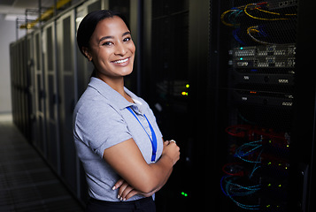 Image showing Server room, portrait or woman engineer for online cybersecurity glitch, machine or servers system. IT support, smile or happy woman fixing network for information technology solution in data center