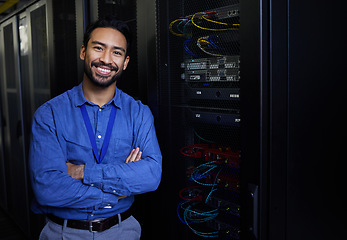 Image showing Server room, portrait or happy male developer for online cybersecurity glitch or machine system. IT support, smile or proud engineer fixing network for information technology solution in data center