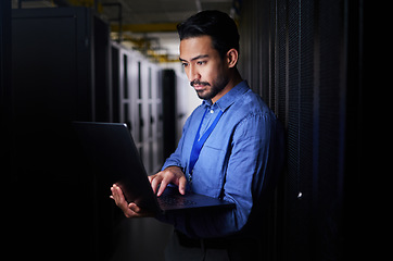 Image showing Man, server room and laptop of programming, system management and data center solution or coding at night. Business person engineering on computer, information technology and power check in basement